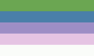 A flag with five stripes. Colors are as follows: grass green, blue, purple, light pink, white.