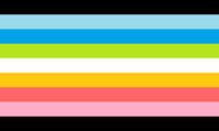 A flag with nine stripes. Colors are as follows: black, light blue, blue, green, white, orange-yellow, salmon red, light pink, black.