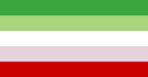 A five stripe flag. The stripes are horizontal and take up equal amounts of room. The top stripe is green, the second is a lighter green, the middle is white, the fourth is a light gray-pink, and the last is red.
